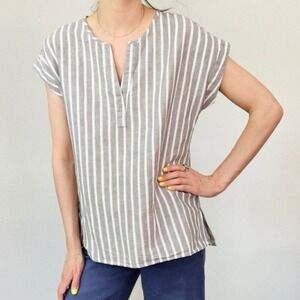 Ellen‎ Tracy Linen Pop Over Blouse Grey White Striped Women's XL